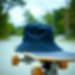 A close-up of a plain black bucket hat resting on a skateboard
