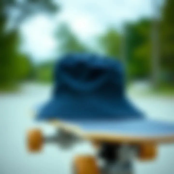 Plain Black Bucket Hat on Skateboard A close-up of a plain black bucket hat resting on a skateboard