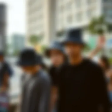 Skaters in Urban Scene with Bucket Hats A group of skaters wearing plain black bucket hats in an urban setting