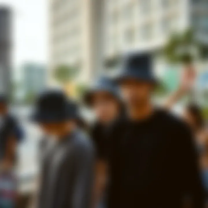 Skaters in Urban Scene with Bucket Hats A group of skaters wearing plain black bucket hats in an urban setting