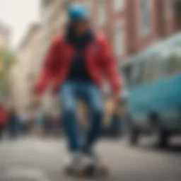 A dynamic skateboarding scene showcasing vibrant coach jackets