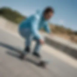 A stylish light blue windbreaker worn by a skateboarder catching air on a ramp