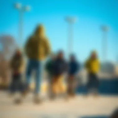 Skateboarders in Olive Hoodies at Skate Park A group of skateboarders wearing olive hoodies at a skate park