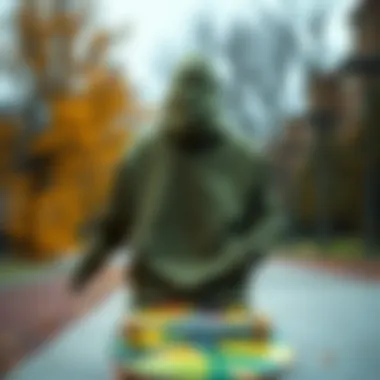 Stylish Olive Hoodie on Skateboard Deck A stylish olive color hoodie displayed on a skateboard deck