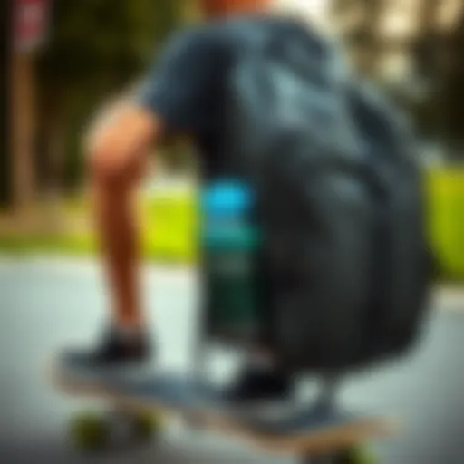 Backpack with Water Bottle Holder in Action Backpack showcasing water bottle holder while skating