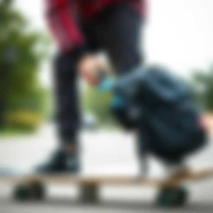 Hydration on the Go While Skating Skateboarder reaching for water bottle in backpack