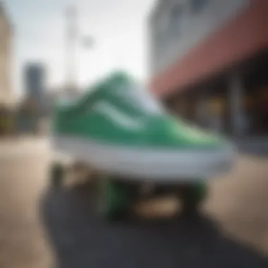 Green Vans Close-Up on Skateboard A close-up of green Vans sneakers on a skateboard