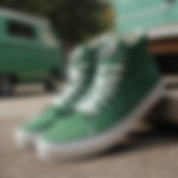 A collection of different styles of green Vans footwear