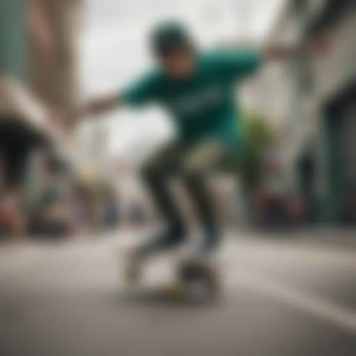 A skateboarder performing a trick while wearing green Vans