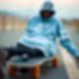 Stylish light blue Nike sweatshirt on a skateboard