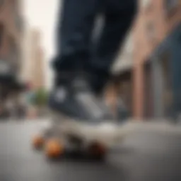Close-up of skateboarder performing converse move low