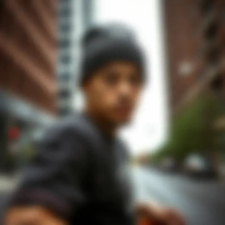 Skateboarder wearing the Vans Milford Beanie in an urban setting.