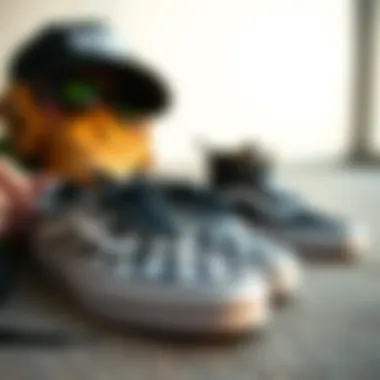 Stylish Skate Gear with Black and White Vans Stylish arrangement of black and white Vans with skate gear
