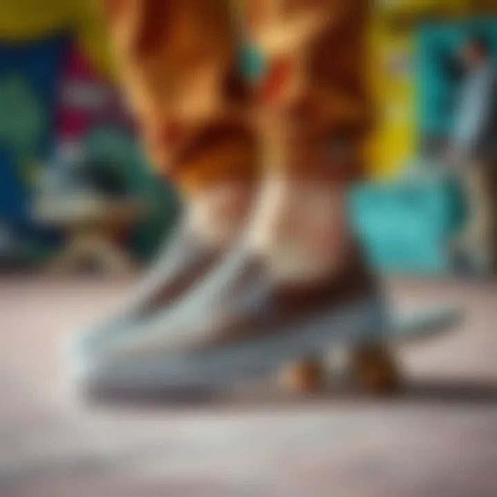 Embodying Skate Culture with Brown Leather Vans Slip-Ons Brown leather Vans slip-ons in a vibrant skateboarding setting