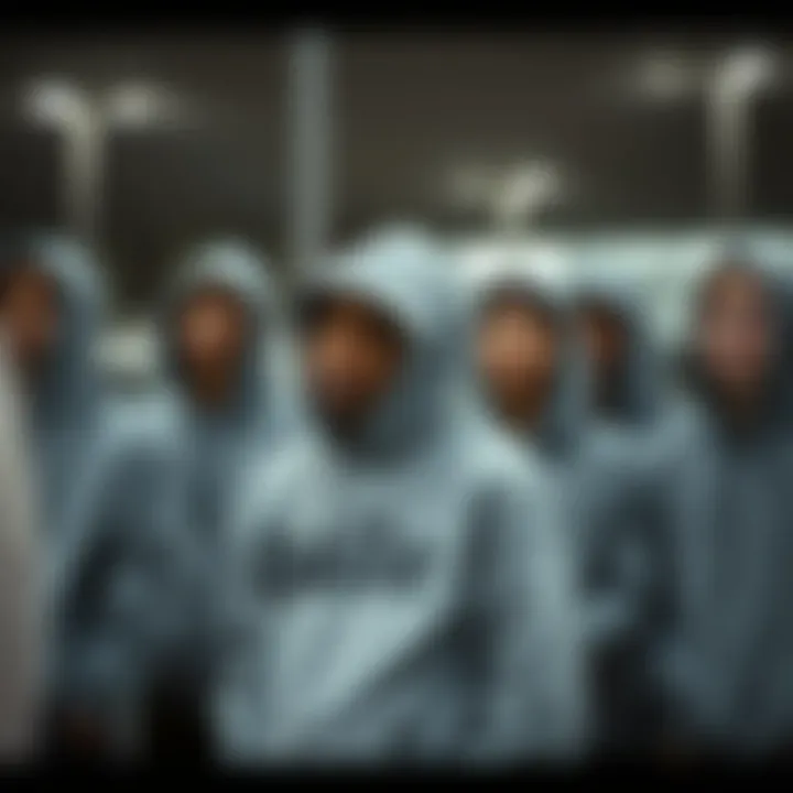 A group of friends in grey hoodies, highlighting community and identity.