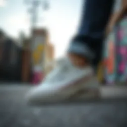 Stylish Vans canvas shoes on a vibrant urban backdrop