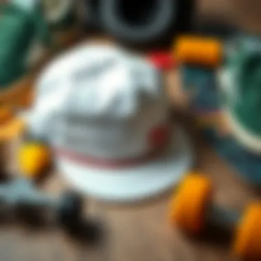 Essential Skateboarding Gear with Goorin Bros Hat Flat lay of the white Goorin Bros hat alongside skateboarding gear