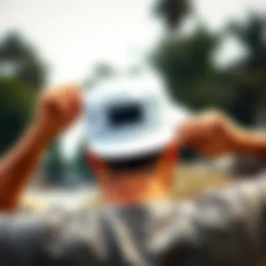 Adjusting the Goorin Bros Hat for the Perfect Fit Skateboarder adjusting the white Goorin Bros hat before a ride