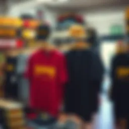 A collection of Thrasher clothing displayed in a vibrant skate shop