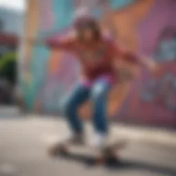 A skateboarder showcasing a colorful psychedelic outfit against an urban backdrop