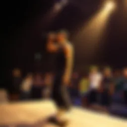 Tupac performing on stage with skateboarders in the audience