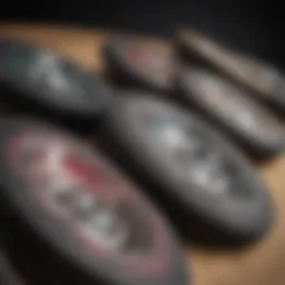 Close-up of various cruiser board wheels highlighting different materials