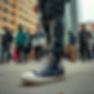 A group of skaters wearing Chuck Taylor sneakers in an urban setting