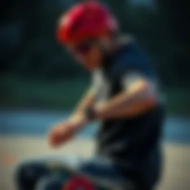 Skateboarding with Style and Safety A skateboarder wearing a helmet while performing tricks.