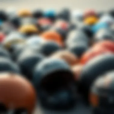 Diverse Styles of Skateboard Helmets An array of skateboard helmets with different styles and colors.