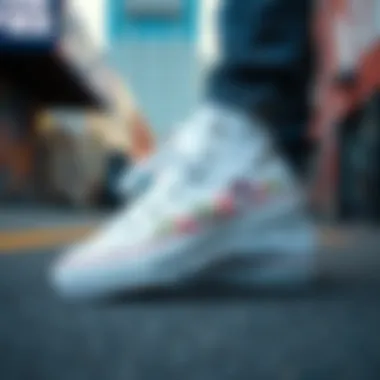 Urban Aesthetic and Footwear White embroidered Converse showcased in an urban setting