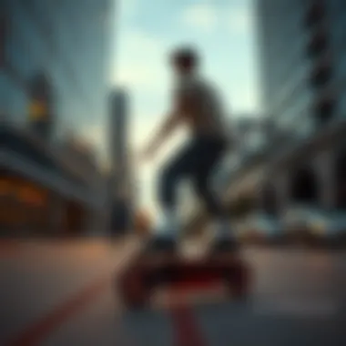 Urban Mobility Enhanced by Retractable Skates Urban setting showcasing a user on retractable skates