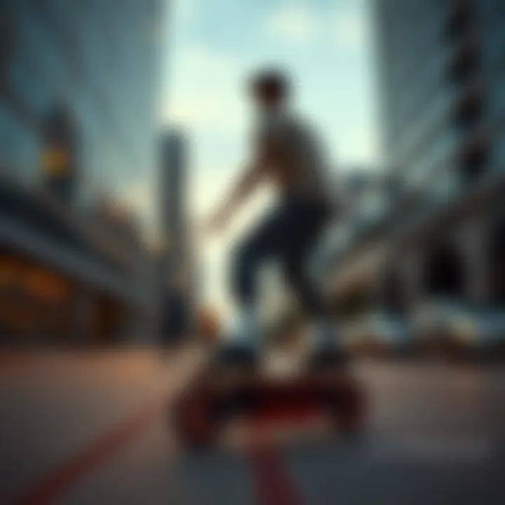 Urban Mobility Enhanced by Retractable Skates Urban setting showcasing a user on retractable skates
