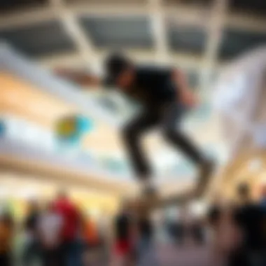 Social Vibes Among Skate Enthusiasts Skateboarders enjoying the mall's amenities and social atmosphere.