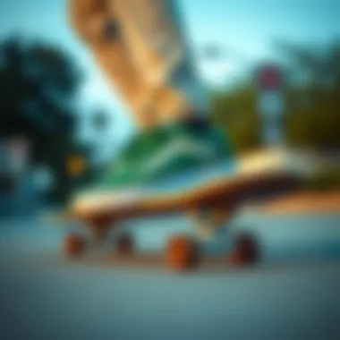 Skateboarding with Vans Old Skool Platform Green Skateboarder wearing Vans Old Skool Platform Green in action