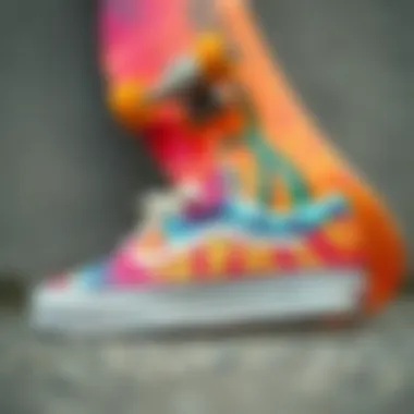 Vans Tie Dye Footwear in Skate Culture Vibrant Vans tie dye sneakers showcased against a skateboard