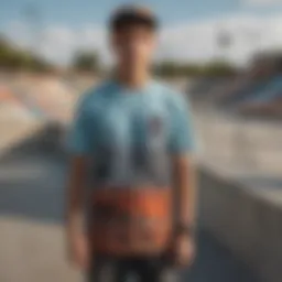A vibrant Volcom shirt displayed in a skate park setting, showcasing its unique design