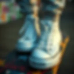 White embroidered Converse shoes on a skateboard deck